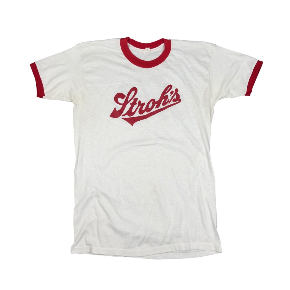 Vtg 80s Stroh's Beer Ringer T Shirt Men's XL (fits M) White Red Graphic Logo USA